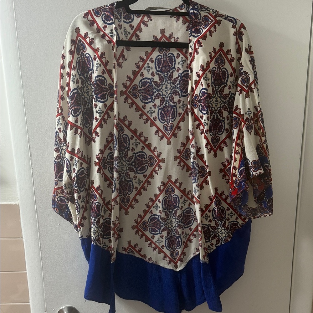 Zara Trafaluc Bohemian Patterned Kimono with Blue Hem